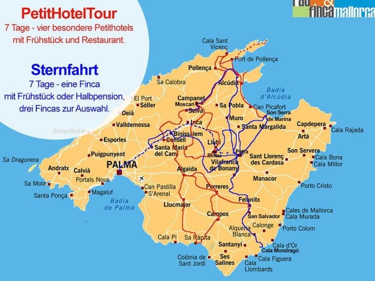 Übersichtskarte Mallorca mit den Standorten von Sternfahrt und PetitHotel-Tour