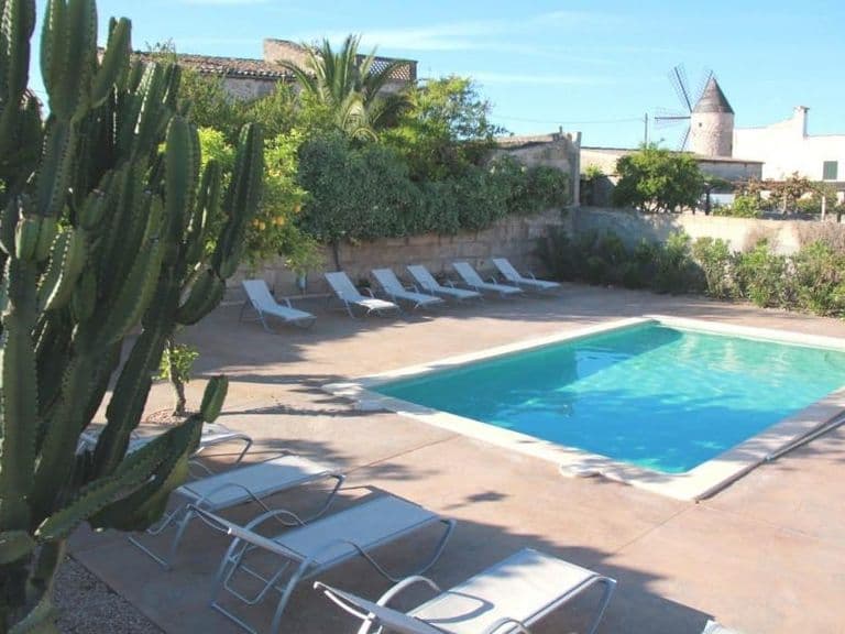 Pool der Dorfvilla Sa Barcella in Sineu mit Kakteen und Liegen