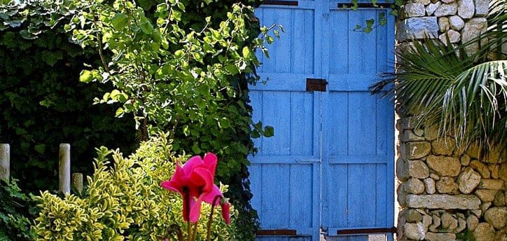 Blaue Holztür mit Bougainvillea im Petit Hotel Can Riera, Moscari