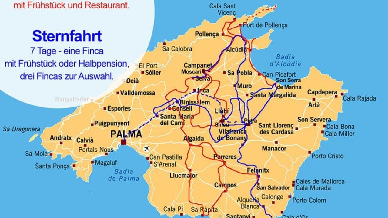 Übersichtskarte Mallorca mit den Standorten von Sternfahrt und PetitHotel-Tour